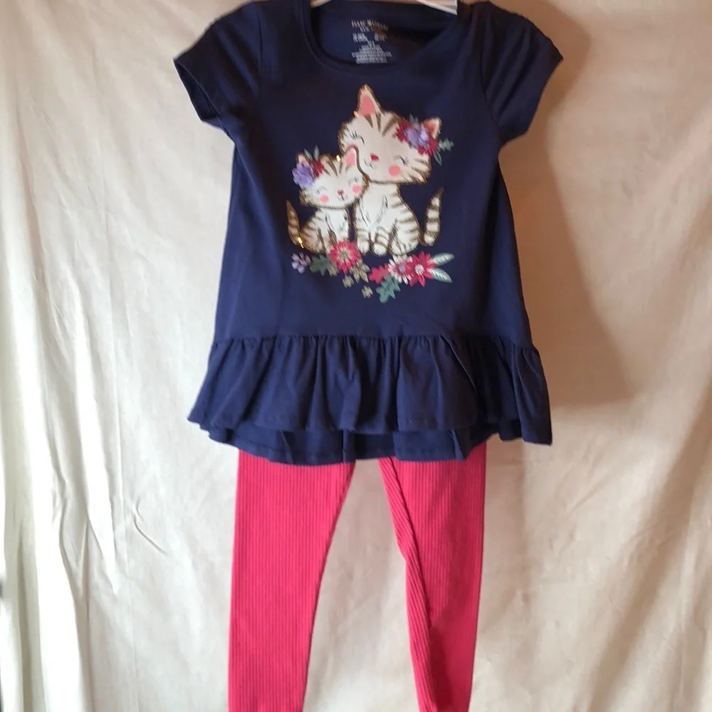NWT ISAAC MIZRAHI Cute Blue Top Cat Print  W Sequins Tand Pink Leggings Set